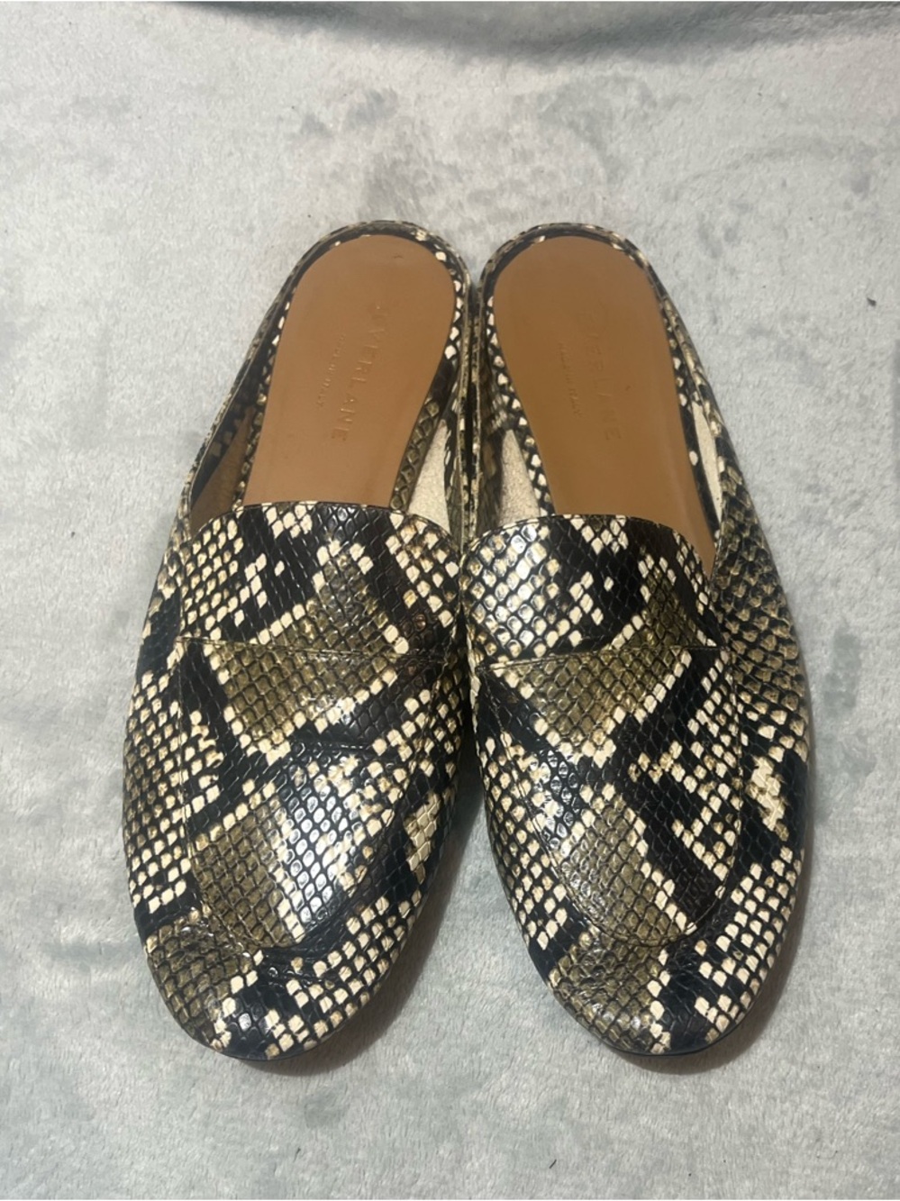 Everlane Snake-Print Slip-On Mules in Black and Tan